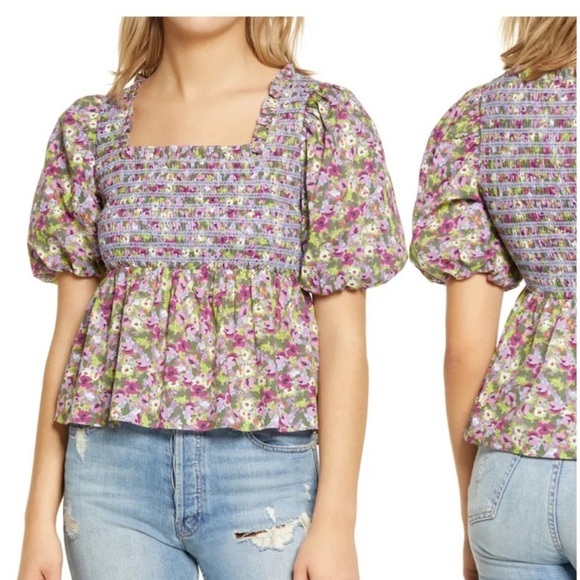 English Factory FLORAL PUFF SLEEVE SMOCKED TOP boho summer vacation event - Picture 1 of 10